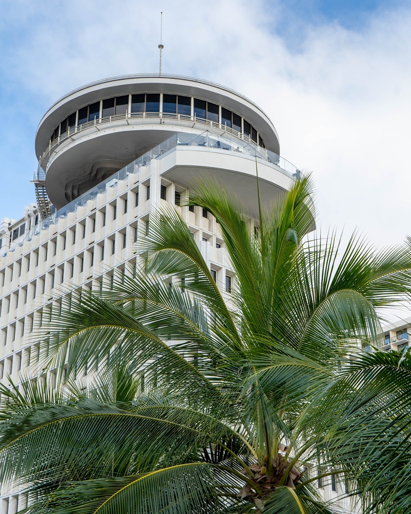 scenic exterior shot of Waikiki Business Plaza office space and SKY Waikiki Raw & Bar